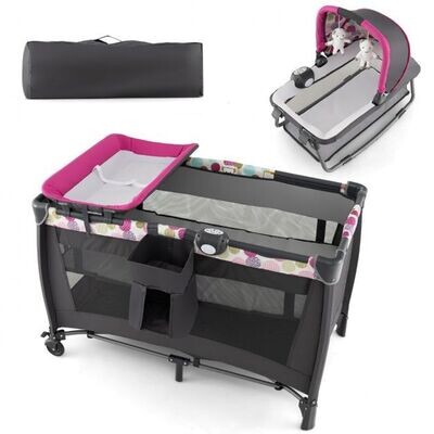 4-in-1-Baby-Laufstall Tragbares Babybett mit Wiege &amp; Wickeltisch Rosa