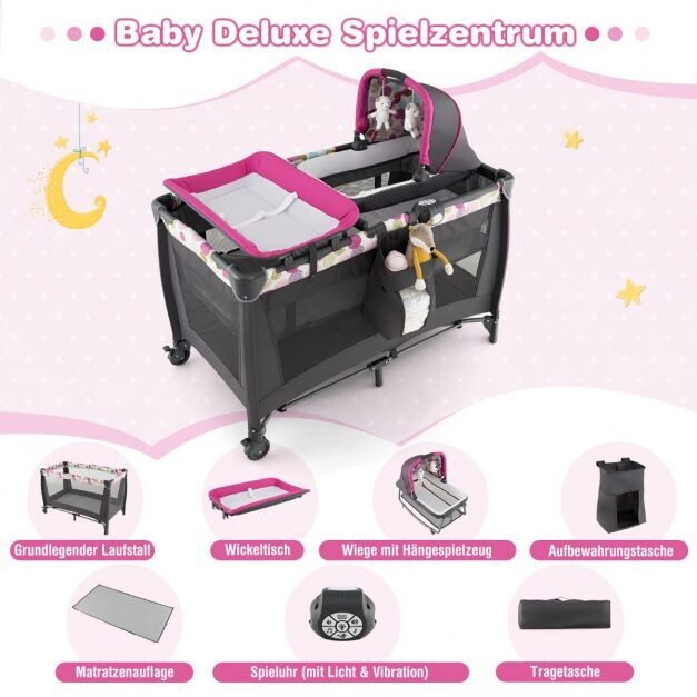 4-in-1-Baby-Laufstall Tragbares Babybett mit Wiege & Wickeltisch Rosa