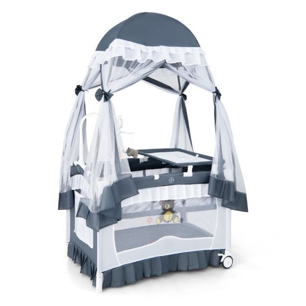 4 in 1 Babybett &amp; Reisebett &amp; Laufstall Klappbares Kinderbett mit Matratze &amp; Baldachin Grau