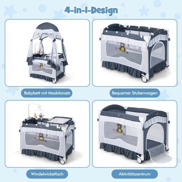4 in 1 Babybett & Reisebett & Laufstall Klappbares Kinderbett mit Matratze & Baldachin Grau