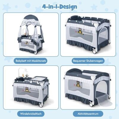 4 in 1 Babybett & Reisebett & Laufstall Klappbares Kinderbett mit Matratze & Baldachin Grau