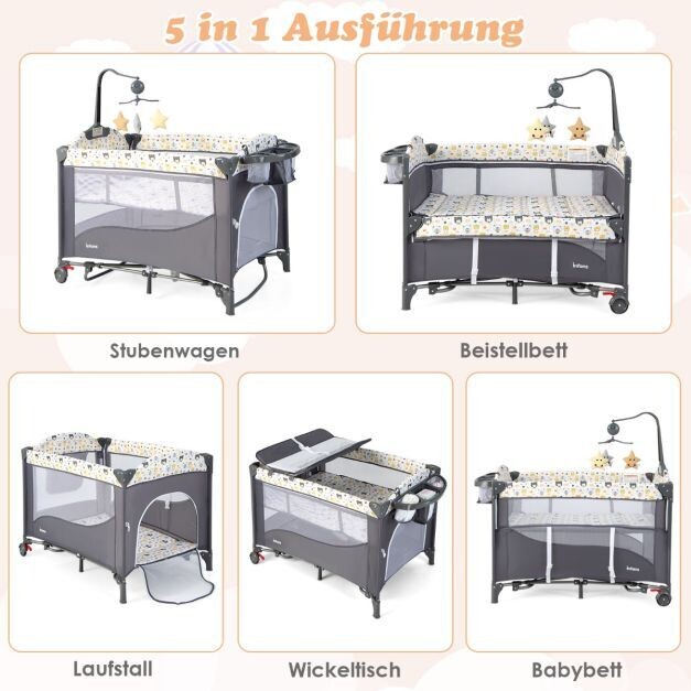 5 in 1 Babybett mit Matratze & Wickeltisch & Sicherheitsgurt & Spieluhr & Hängespielzeug Grau
