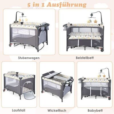 5 in 1 Babybett mit Matratze & Wickeltisch & Sicherheitsgurt & Spieluhr & Hängespielzeug Grau