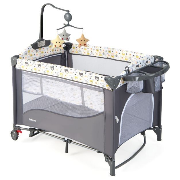 5 in 1 Babybett mit Matratze &amp; Wickeltisch &amp; Sicherheitsgurt &amp; Spieluhr &amp; Hängespielzeug Grau