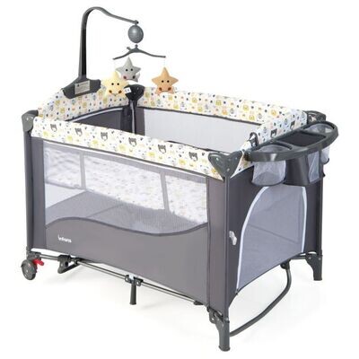 5 in 1 Babybett mit Matratze &amp; Wickeltisch &amp; Sicherheitsgurt &amp; Spieluhr &amp; Hängespielzeug Grau
