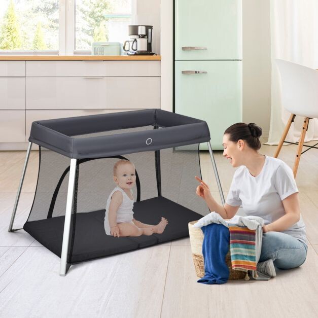 Ein-Knopf-klappbares Babybett mit Matratze &amp; Reissverschlusstür &amp; Tragetasche Dunkelgrau