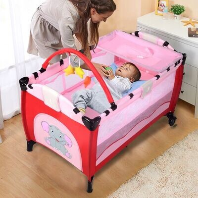 Kinderreisebett Babybett Wiege Inkl. Matratze und Zubehör rot