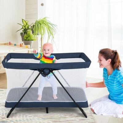 2 in 1 Babybett &amp; Laufstall Klappbar Reisebett mit Matratze Marineblau