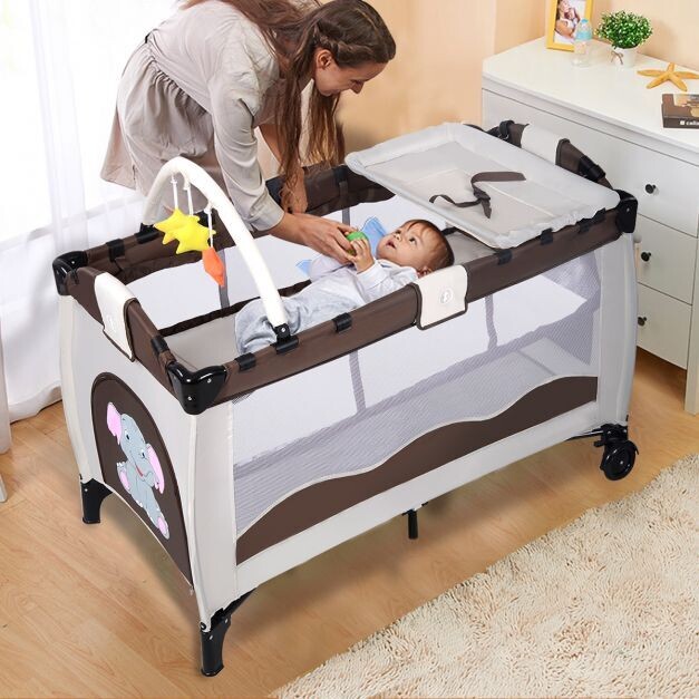 Kinderreisebett Babybett Wiege Inkl. Matratze und Zubehör braun