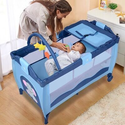 Kinderreisebett Babybett Wiege Inkl. Matratze und Zubehör blau