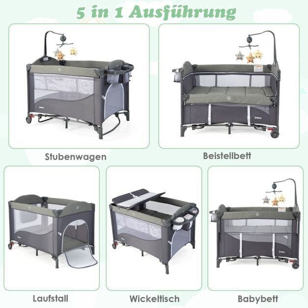 5 in 1 Babybett mit Matratze & Wickeltisch & Sicherheitsgurt & Spieluhr & Hängespielzeug Graublau