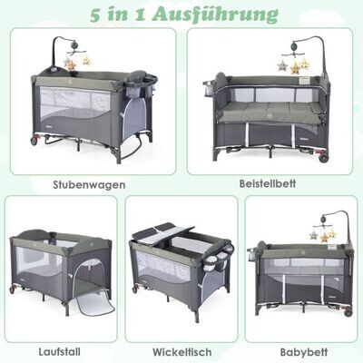 5 in 1 Babybett mit Matratze &amp; Wickeltisch &amp; Sicherheitsgurt &amp; Spieluhr &amp; Hängespielzeug Graublau
