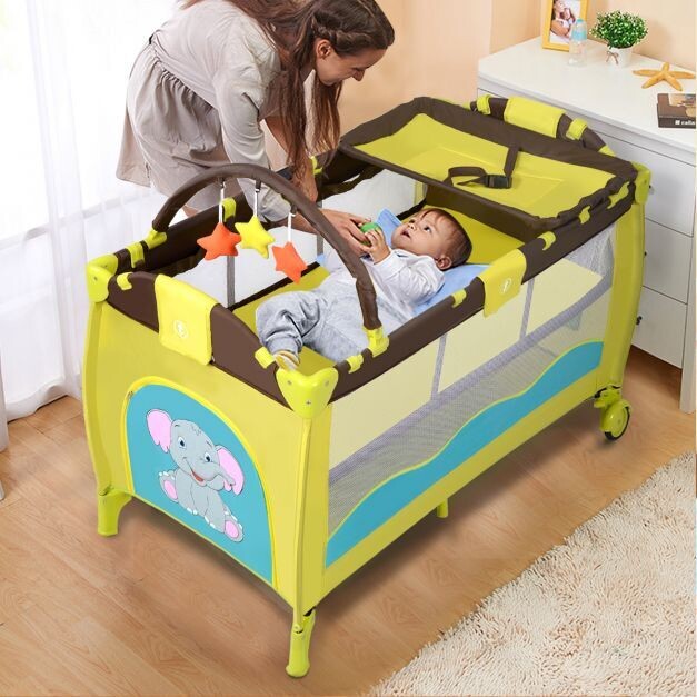 Kinderreisebett Babybett Wiege Inkl. Matratze und Zubehör gelb