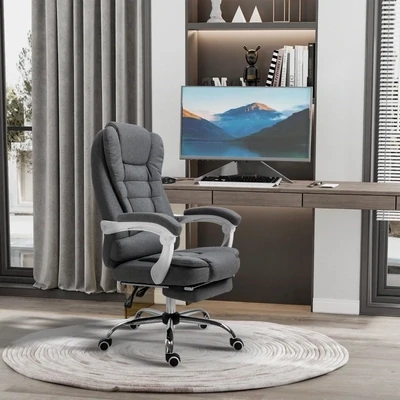 Bürostuhl mit ausklappbarer Fussstütze, Chefsessel, Leinenoptik, Grau