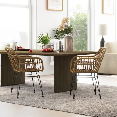 2-er-Set Stühle im Boho-Stil, Küchenstühle, PE-Rattan, Natur + Schwarz