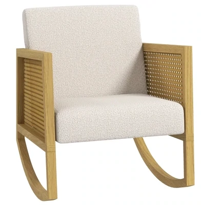 Schaukelstuhl im Boho-Design, Rattan-Dekor, Hellgrau