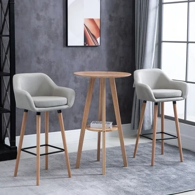 2er-Set Barhocker, inkl. Fussstütze, Massivholz, Beige + Natur