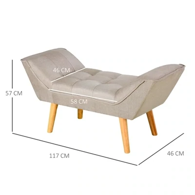 Polsterbank Retro Sitzbank Leinen Holzfüsse Beige