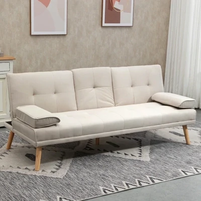 Schlafsofa 3-Sitzer, neigbare Rückenlehne mit Klapptisch, zwei Armpolster, Leinenoptik, beige