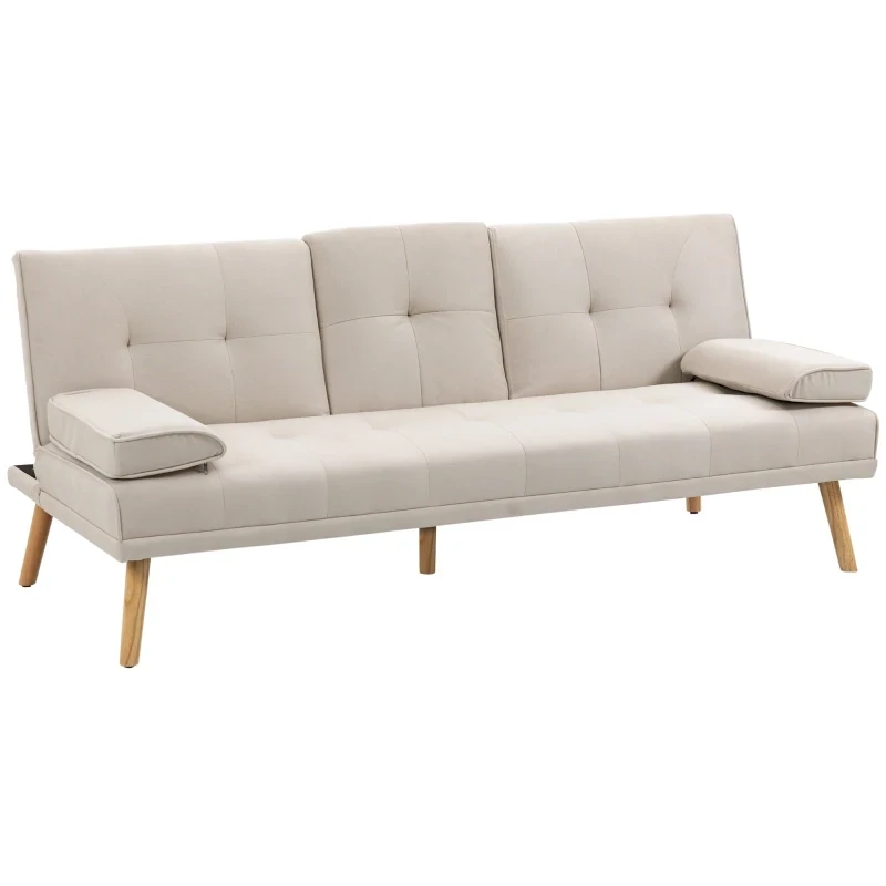 Schlafsofa 3-Sitzer, neigbare Rückenlehne mit Klapptisch, zwei Armpolster, Leinenoptik, beige