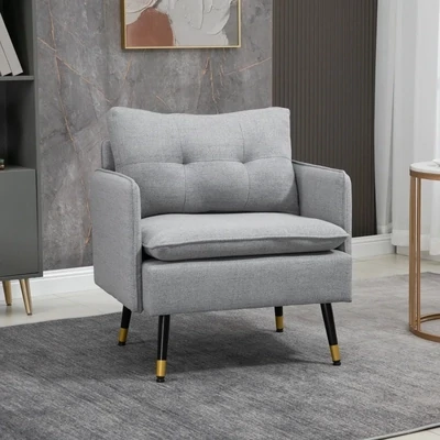 Akzentsessel mit Knopfheftung, Polstersessel mit abnehmbaren Polstern, Schwarz + Gold + Grau – Leinenoptik, Stahlbeine, 76L x 68B x 80H cm