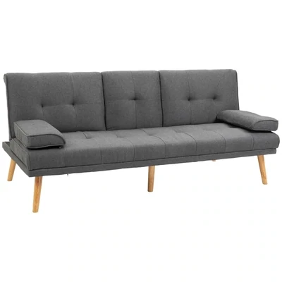 Schlafsofa im Skandi-Design, 3-Sitzer-Sofa, 2 Kissen, Grau + Natur