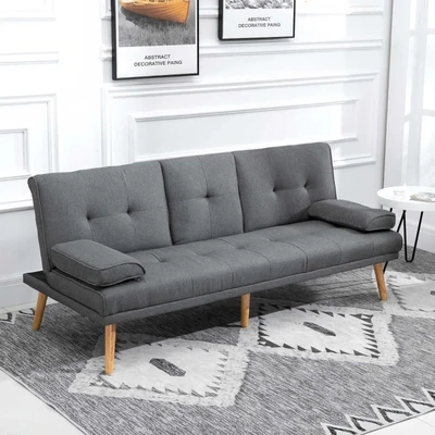 Schlafsofa im Skandi-Design, 3-Sitzer-Sofa, 2 Kissen, Grau + Natur