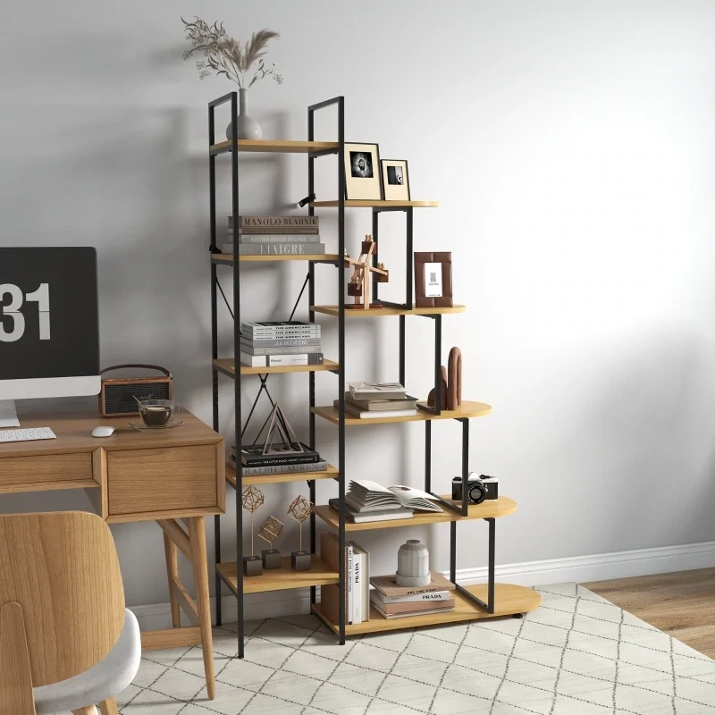 Wandregal im Industriedesign, Bücherregal, 10 Regalböden, Natur + Schwarz