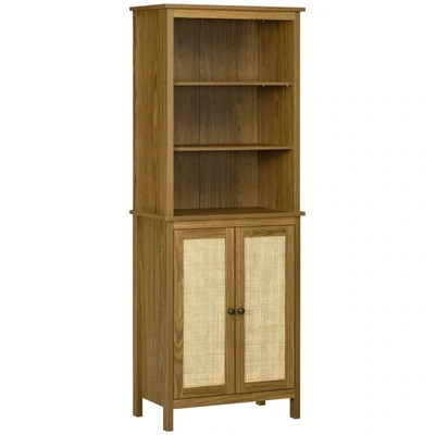 Bücherregal in Wiener-Geflecht-Optik, Standregal, 3 Regale, 1 Schrank, Rattan, Braun