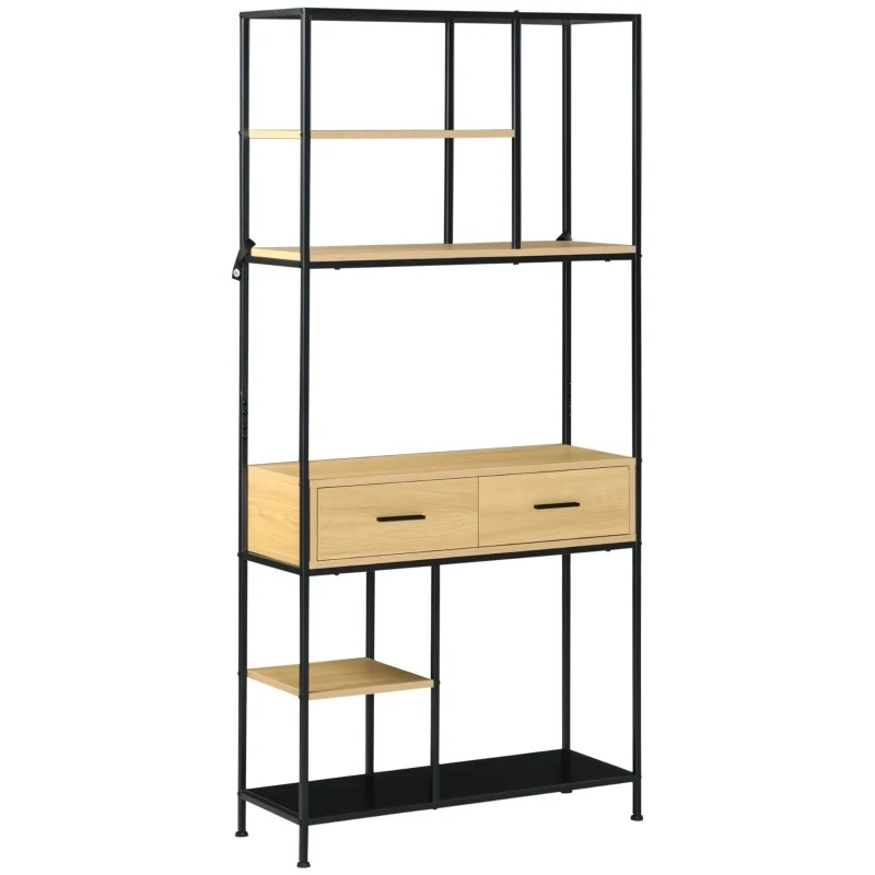 Wandregal im Industrie-Design, Bücherregal, 2 Schubladen, 4 Regale, Natur + Schwarz