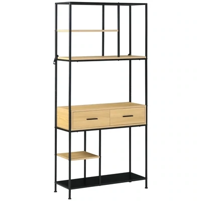 Wandregal im Industrie-Design, Bücherregal, 2 Schubladen, 4 Regale, Natur + Schwarz