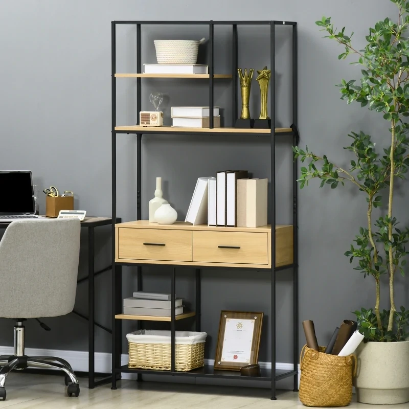 Wandregal im Industrie-Design, Bücherregal, 2 Schubladen, 4 Regale, Natur + Schwarz