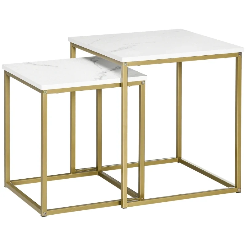 2er-Set Beistelltisch, Couchtisch, Tischplatte in Marmoroptik, Gold + Weiss