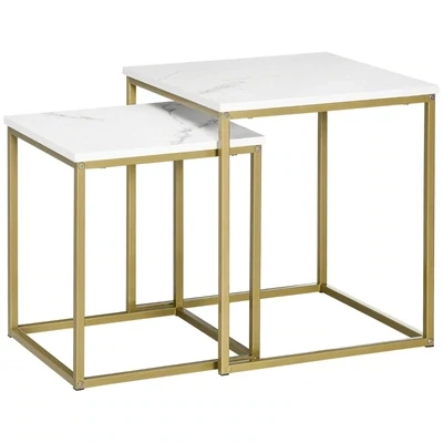 2er-Set Beistelltisch, Couchtisch, Tischplatte in Marmoroptik, Gold + Weiss