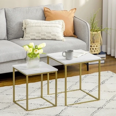 2er-Set Beistelltisch, Couchtisch, Tischplatte in Marmoroptik, Gold + Weiss