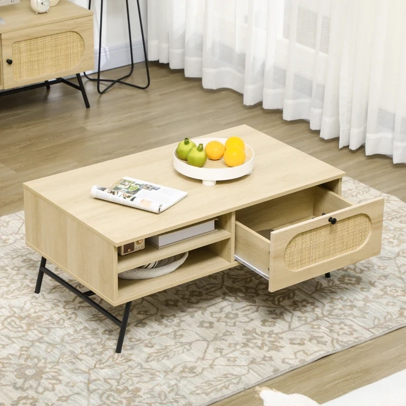 Boho-Style Couchtisch, Schublade, Rattandekor,