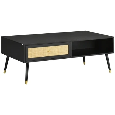 Rattan-Couchtisch im Boho-Design, Schwarz + Natur