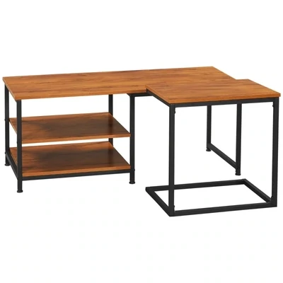 Couchtisch-Set mit Beistelltisch, zwei Regalböden, Stahlrahmen, Holzoptik