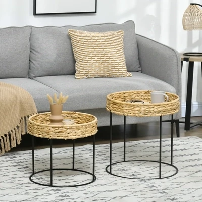 2er-Set Beistelltische im Boho-Stil, Wasserhyazinthe, Natur + Schwarz