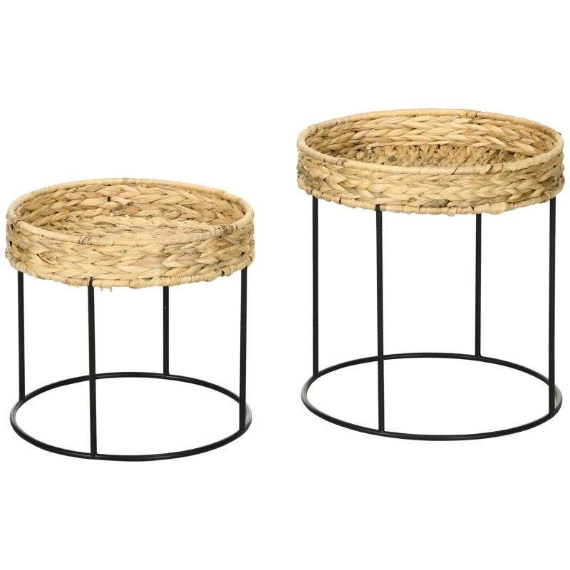 2er-Set Beistelltische im Boho-Stil, Wasserhyazinthe, Natur + Schwarz