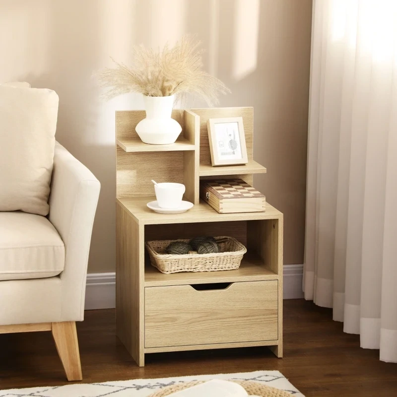 Nachttisch, Kommode,  2 Regale, offenes Staufach, Schublade, natur