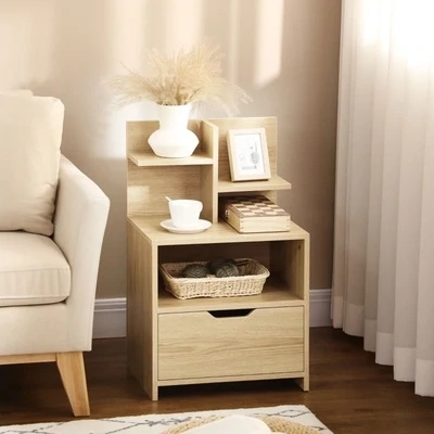 Nachttisch, Kommode,  2 Regale, offenes Staufach, Schublade, natur