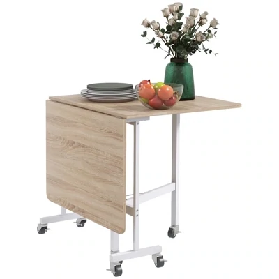 Klapptisch auf Rollen, Laptop-Tisch, Esstisch, inkl. Feststellbremse, Natur + Weiss