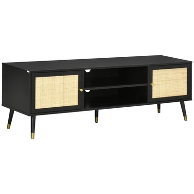 TV-Bank im Boho-Design, TV-Schrank, Rattanelemente, Schwarz + Natur