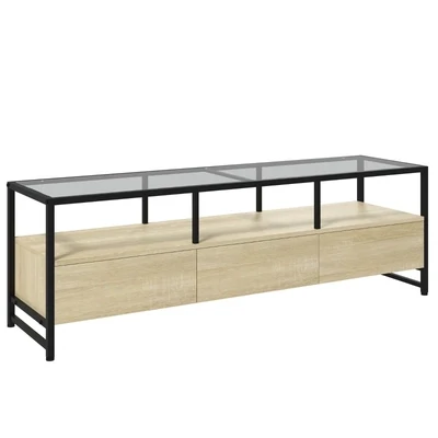 TV-Bank im Industriedesign, Glasplatte, Natur + Schwarz