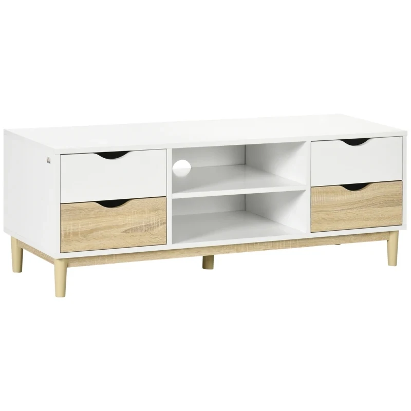 TV-Bank mit 4 Schubladen, 2 Fächern, Lowboard, Natur + Weiss