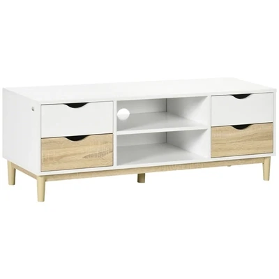 TV-Bank mit 4 Schubladen, 2 Fächern, Lowboard, Natur + Weiss