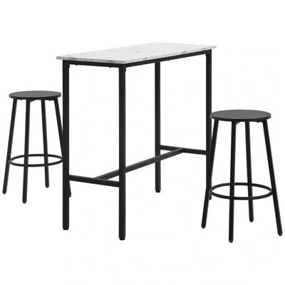 Bar-Set für 2 Personen, 1 Tisch mit 2 Barhockern, Tischplatte in weisser Marmoroptik,