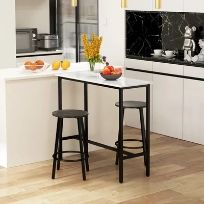 Bar-Set für 2 Personen, 1 Tisch mit 2 Barhockern, Tischplatte in weisser Marmoroptik,