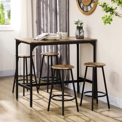 5-tlg. Bartisch-Set im Industriedesign, Sitzgruppe, Küchentresen, Schwarz + Braun